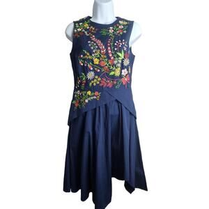 Wayward Fancies by eShakti navy Embroidered A Line dress sz 4 boho hippie office